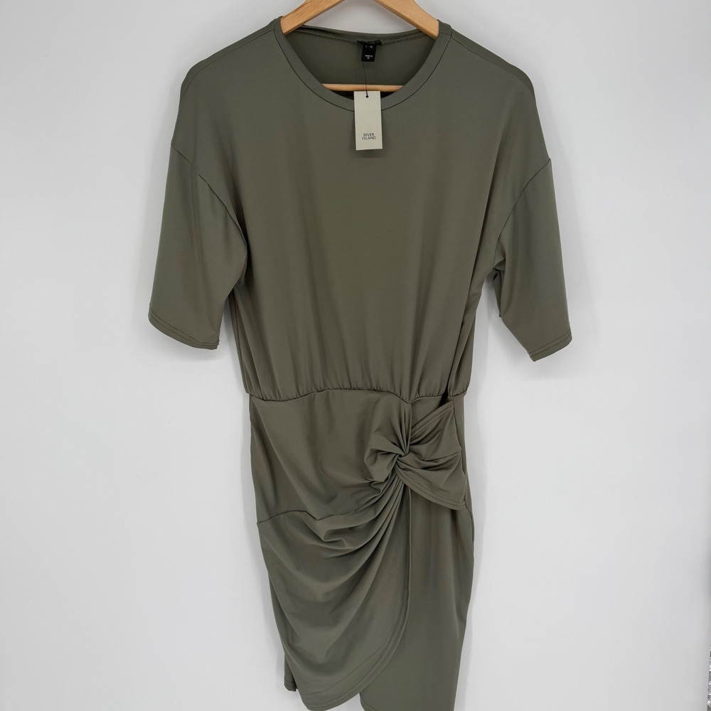 River Island Women Khaki 80s Cocktail S Side Knot Wrap Dress US 8 NEW